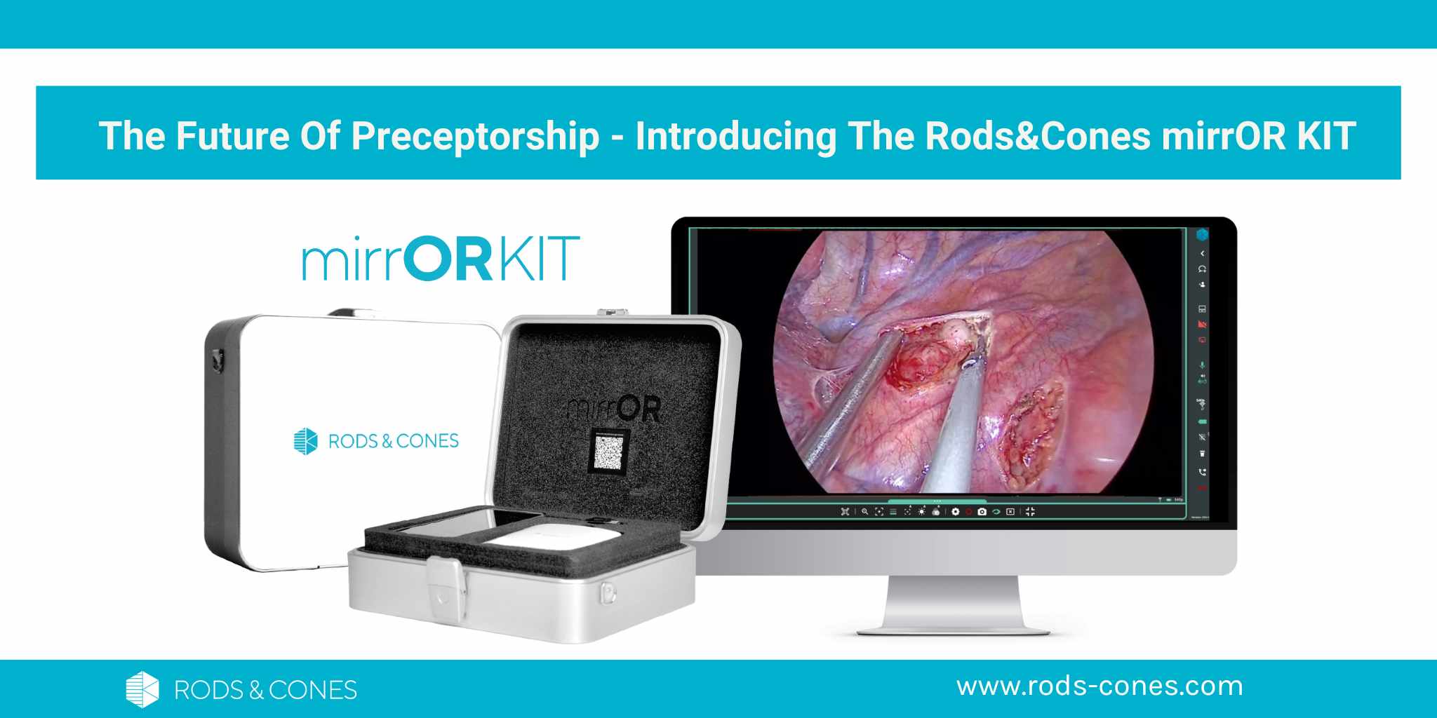 The mirrOR KIT - A compact hardware kit designed by Rod&Cones for secure remote communication in medical environments. The kit, which fits inside a backpack, enables instant remote connection, allowing medical experts to virtually scrub-in to procedures from anywhere.